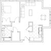One Bedroom Type A Enter by kitchen overlooking living room with bedroom, bath, and large closet to the left.